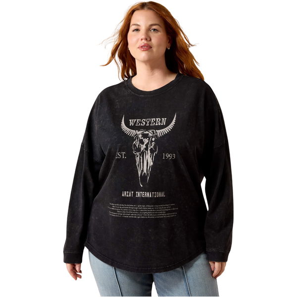 2026 Ariat Dames Canvas Oversized Langslees T-Shirt 10079483 - Black Acid Wash